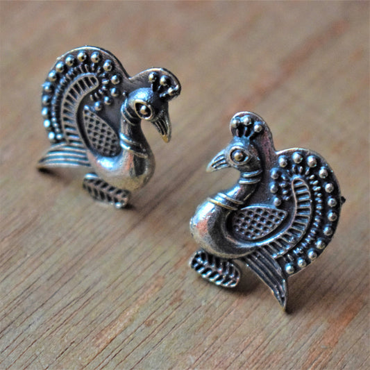 German Silver Carved Peacock Studs - GlitterGleam