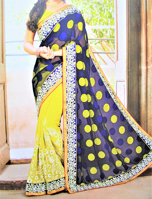 Designer Half Half Brocade Aachaal Embroidery Saree - GlitterGleam