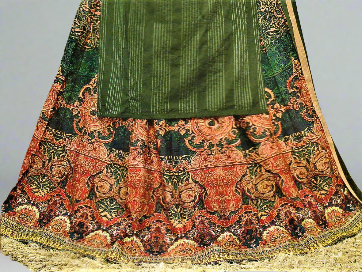 Semi Stitched Embroidered Green Lehenga Skirt cum Salwar Suit - GlitterGleam