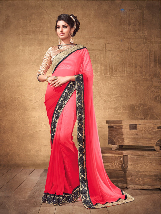 Shaded Pink Georgette Saree with Floral and Gota Border - GlitterGleam