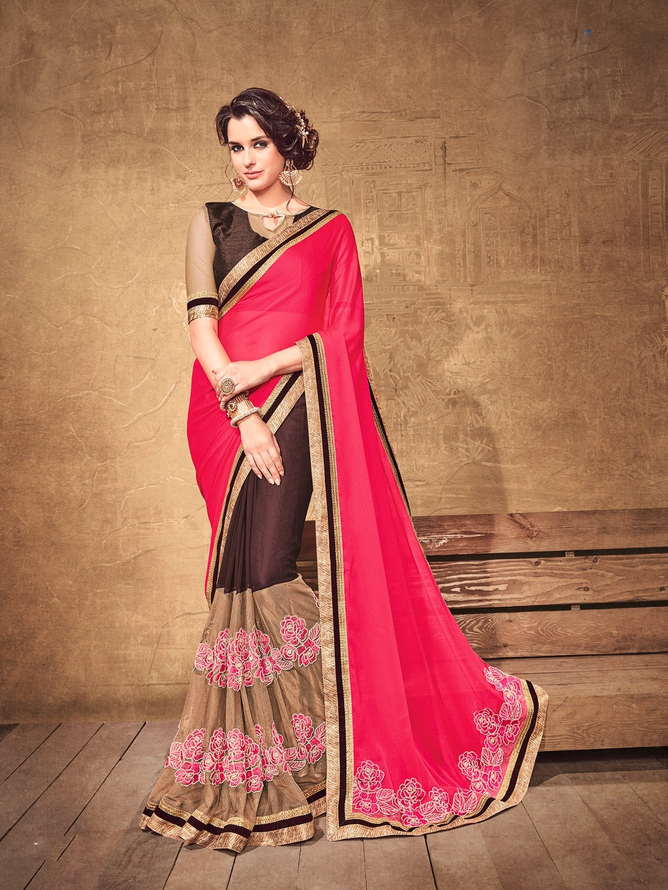 Designer Glitter Net and Viscose Half-Half Saree with Velvet Border - GlitterGleam