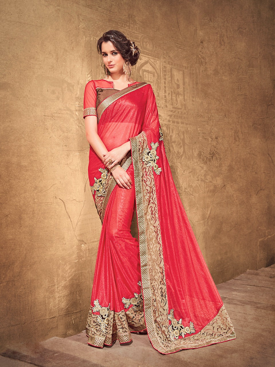 Designer Viscose and Brocade Net Red Saree with Glitter - GlitterGleam