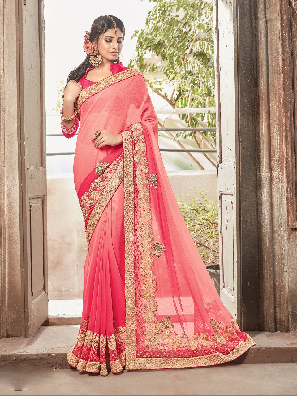 Designer Dual shade Georgette and Net Combination Saree - GlitterGleam