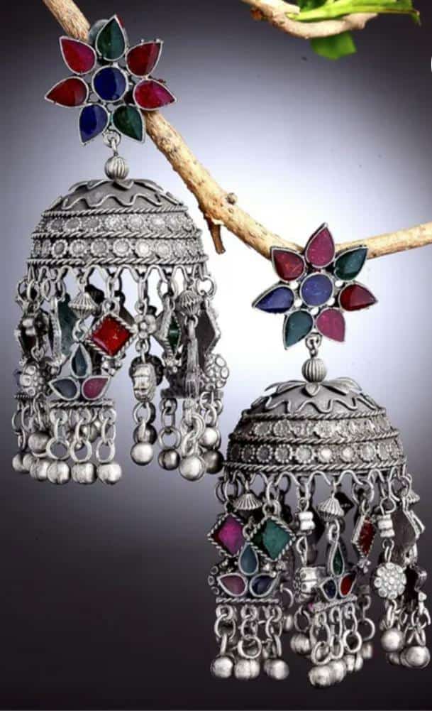 Large Afghani Tassel German Silver Jhumka