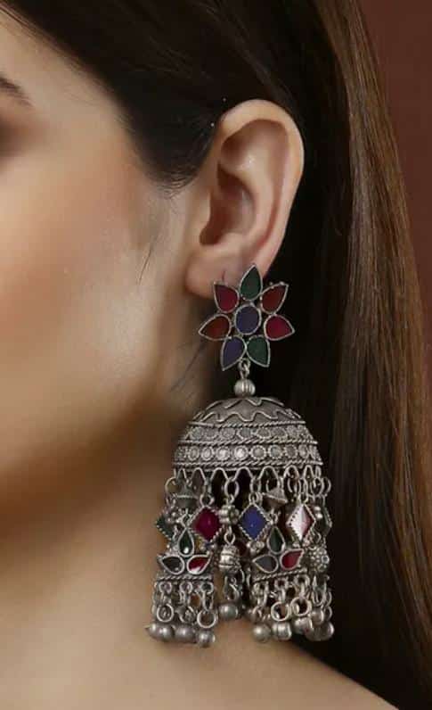 Large Afghani Tassel German Silver Jhumka