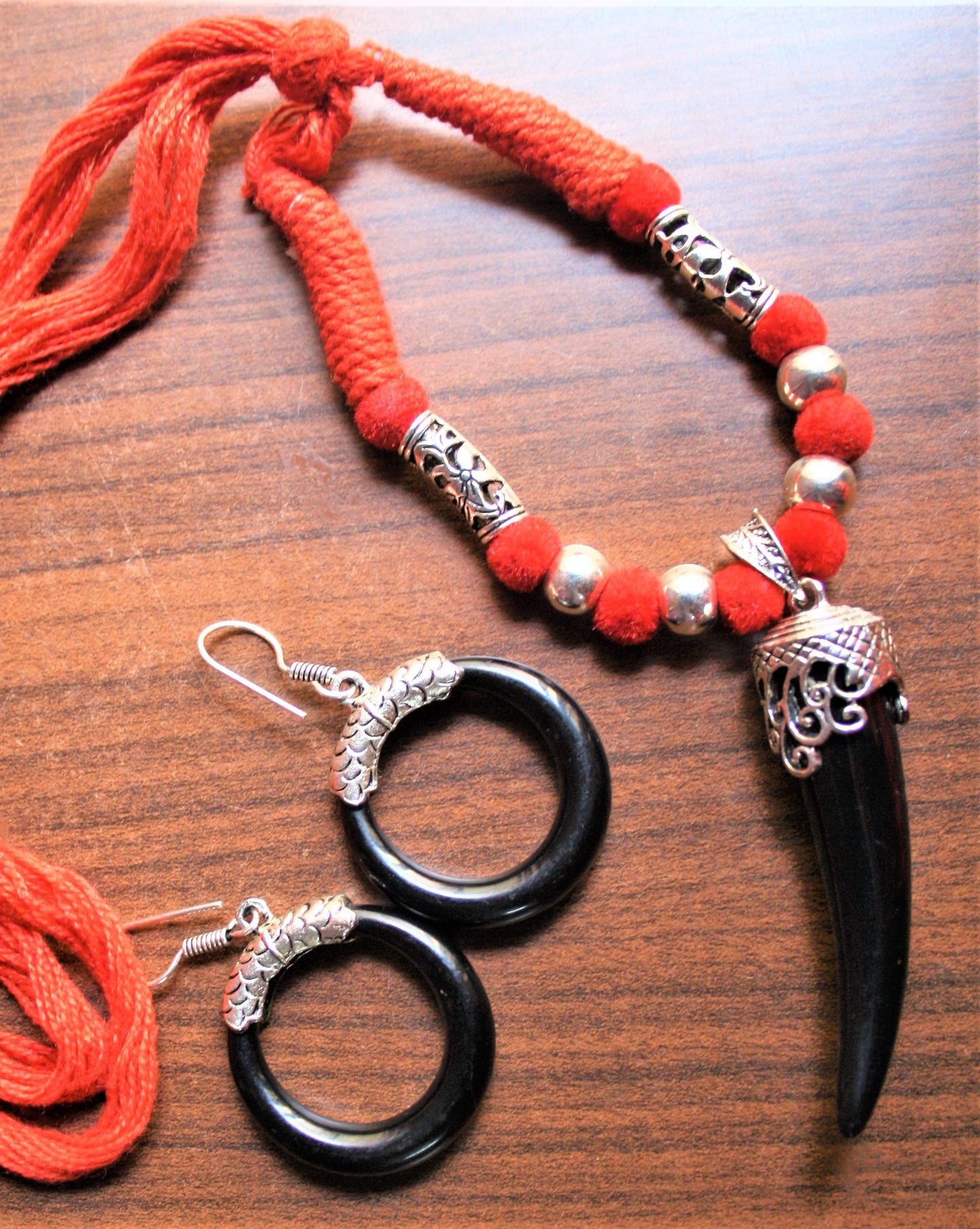 Silver Oxidized Thread Necklace with Chili Pendant and Hoop Danglers - GlitterGleam