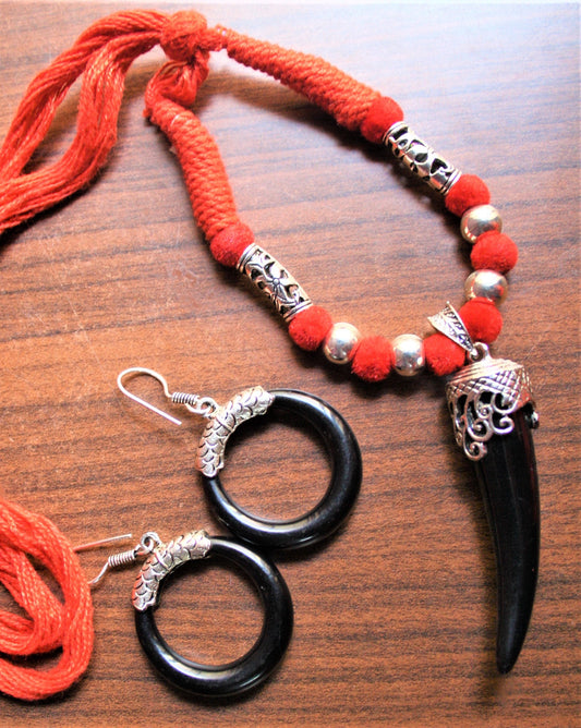 Silver Oxidized Thread Necklace with Chili Pendant and Hoop Danglers - GlitterGleam