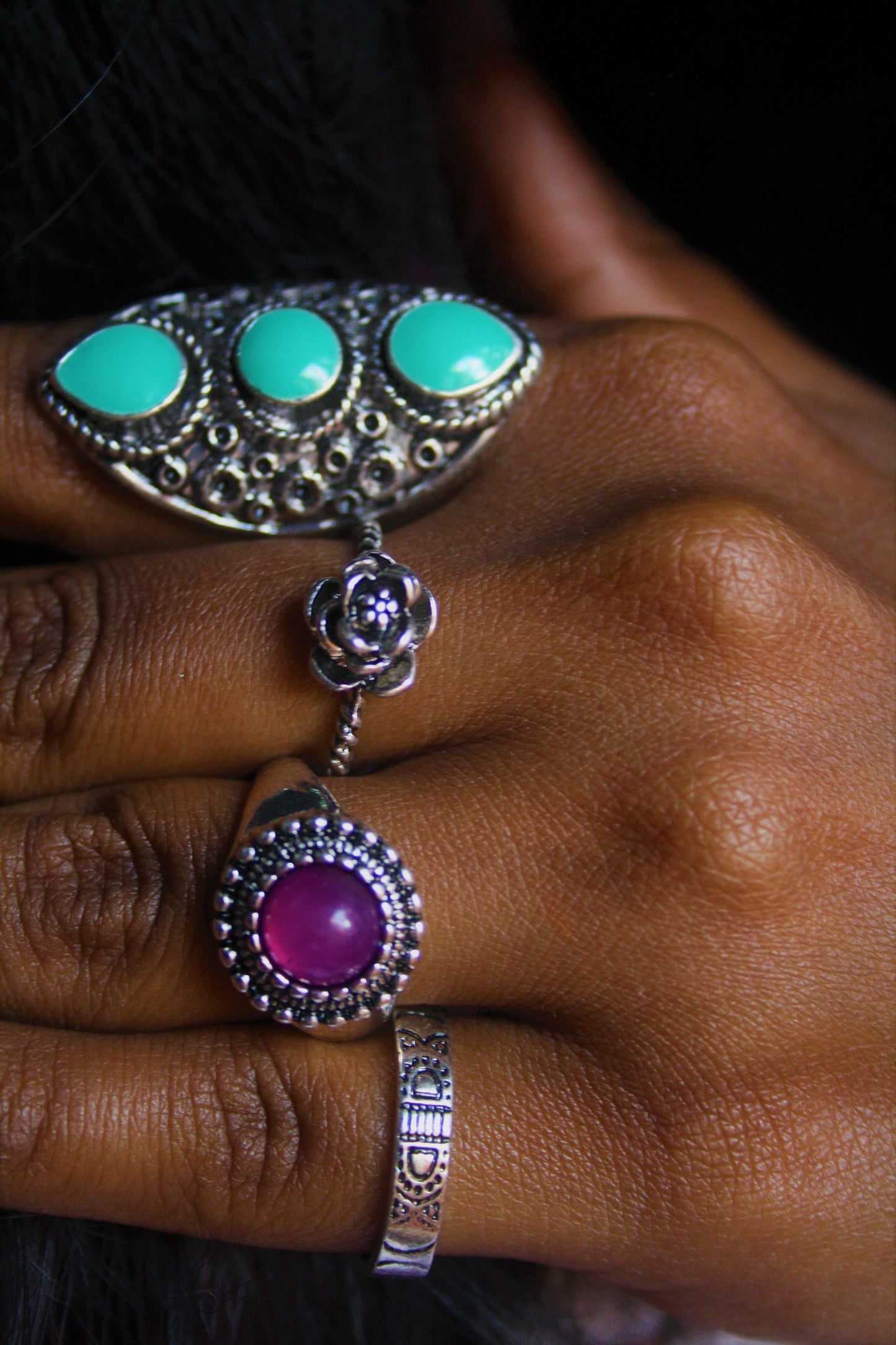 Silver Oxidized Set of 4 Finger Rings - GlitterGleam