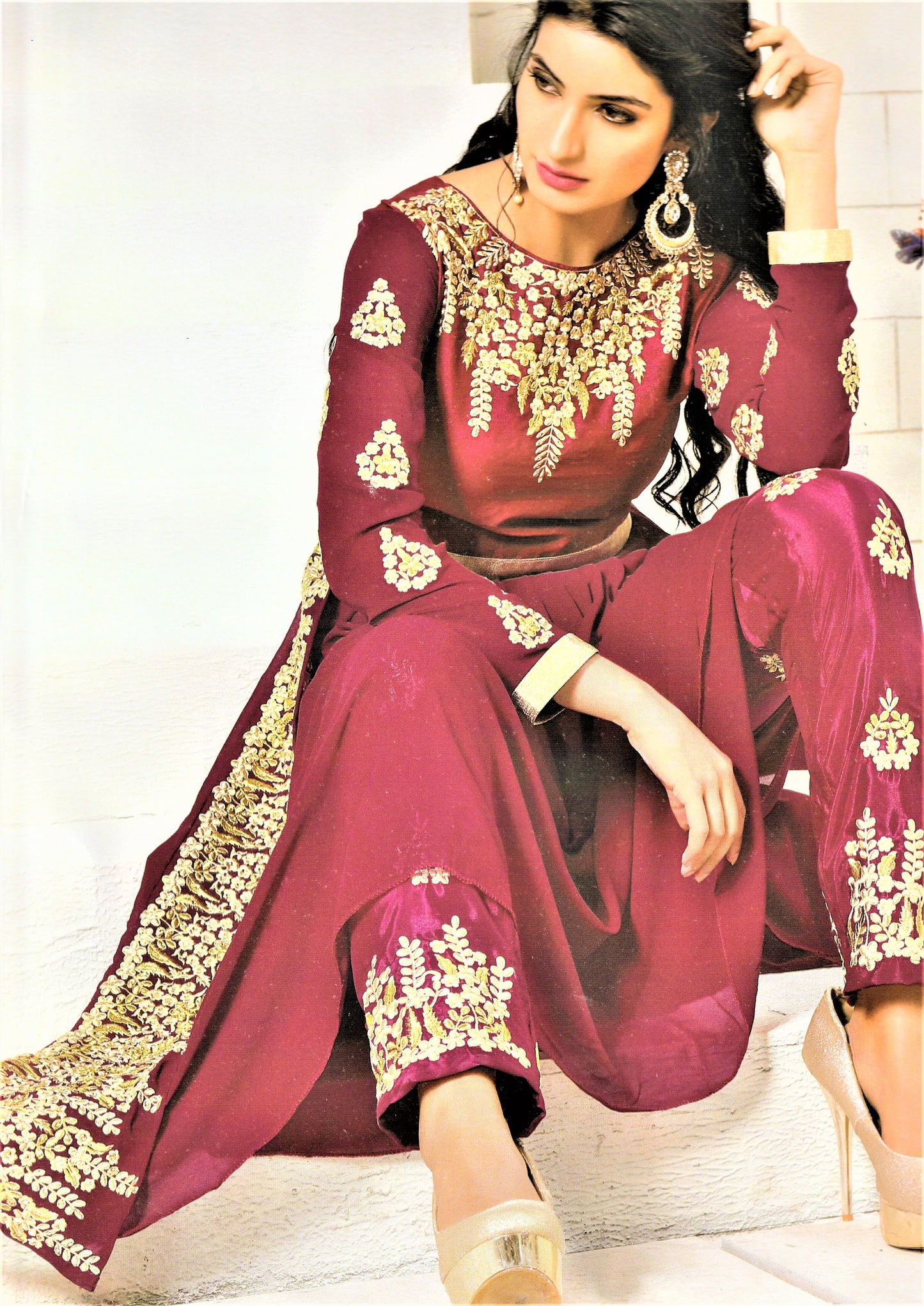 Designer Maroon Colored Pleated Side Slit Suit - GlitterGleam