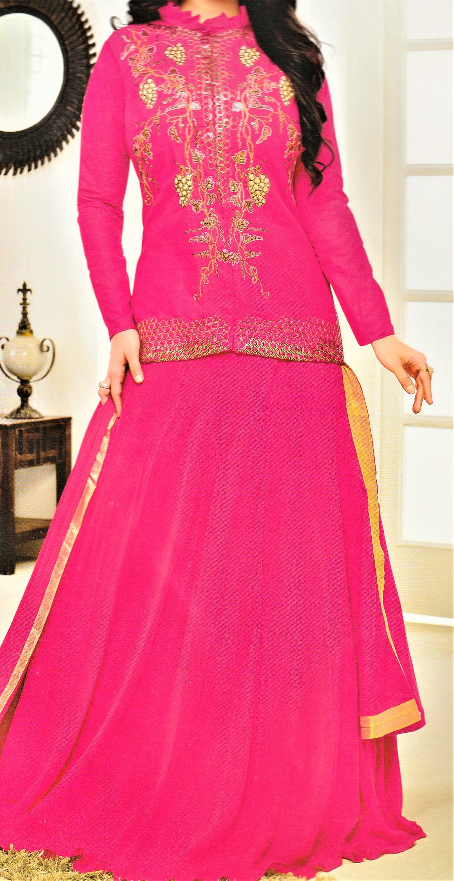 Attractive Pink Semi Stitched Embroidered Lehenga Skirt cum Salwar Suit - GlitterGleam