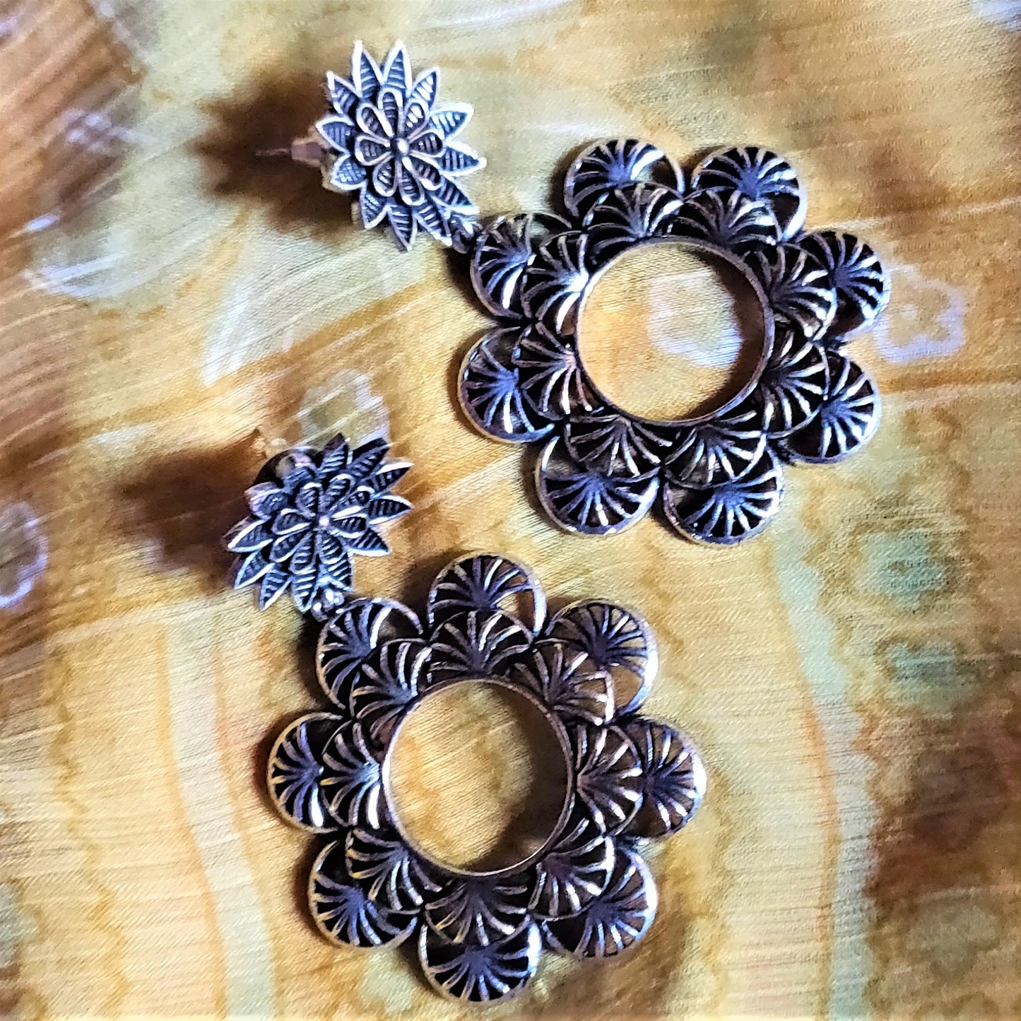 Designer German Silver Floral Carved Hanging Earrings - GlitterGleam