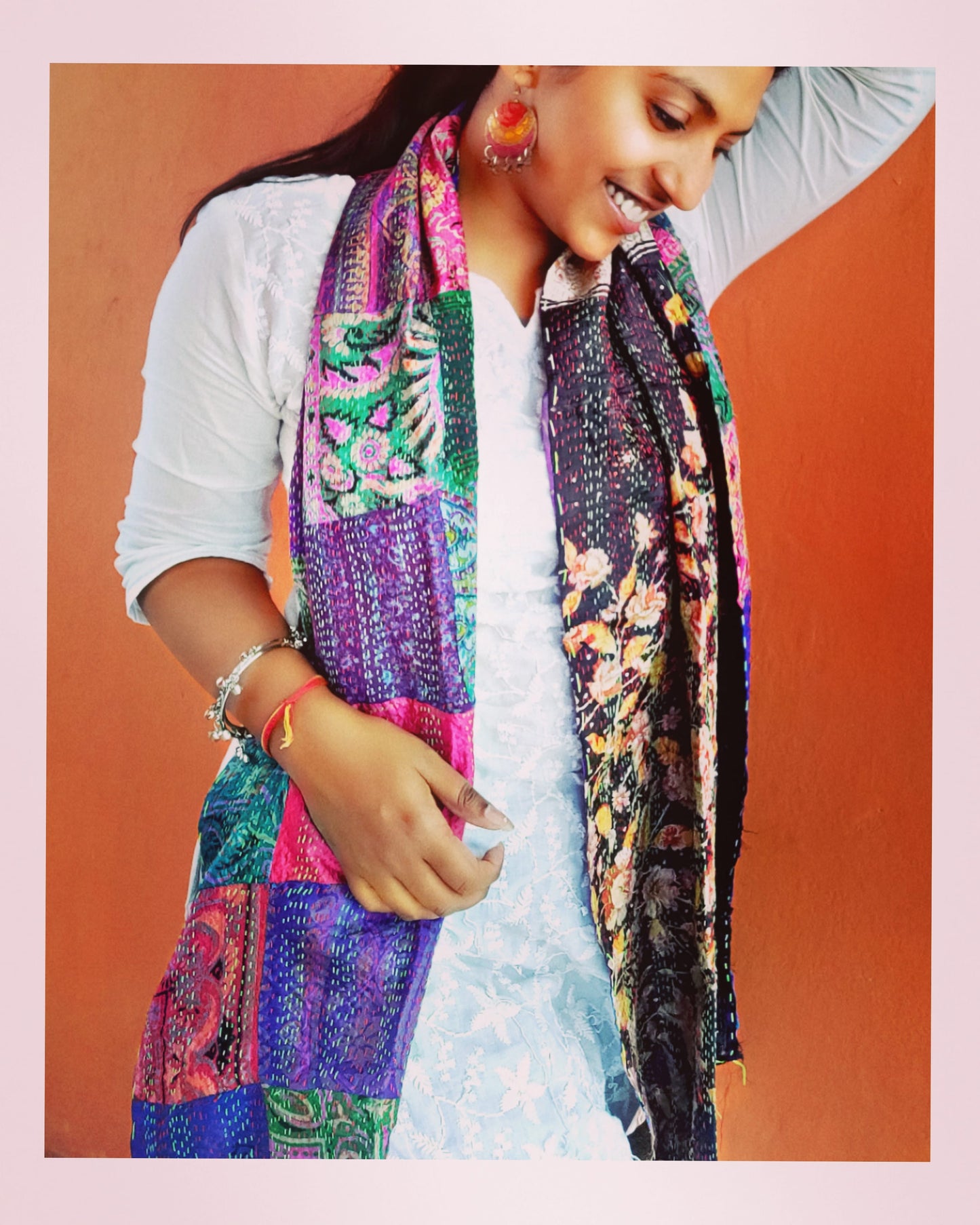 Black Floral Beauty : Multicolored Silk Kantha Stole