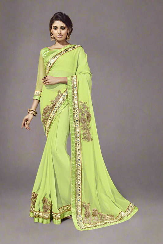 Pastel Green Mirror Work Style Georgette Saree with Art Silk Border and Designer Blouse - GlitterGleam