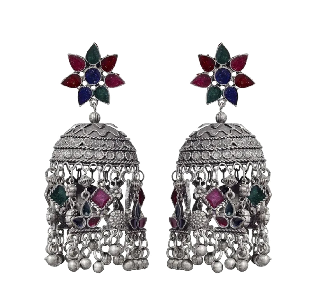 Large Afghani Tassel German Silver Jhumka
