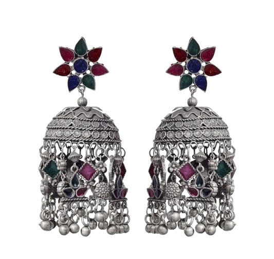 Large Afghani Tassel German Silver Jhumka