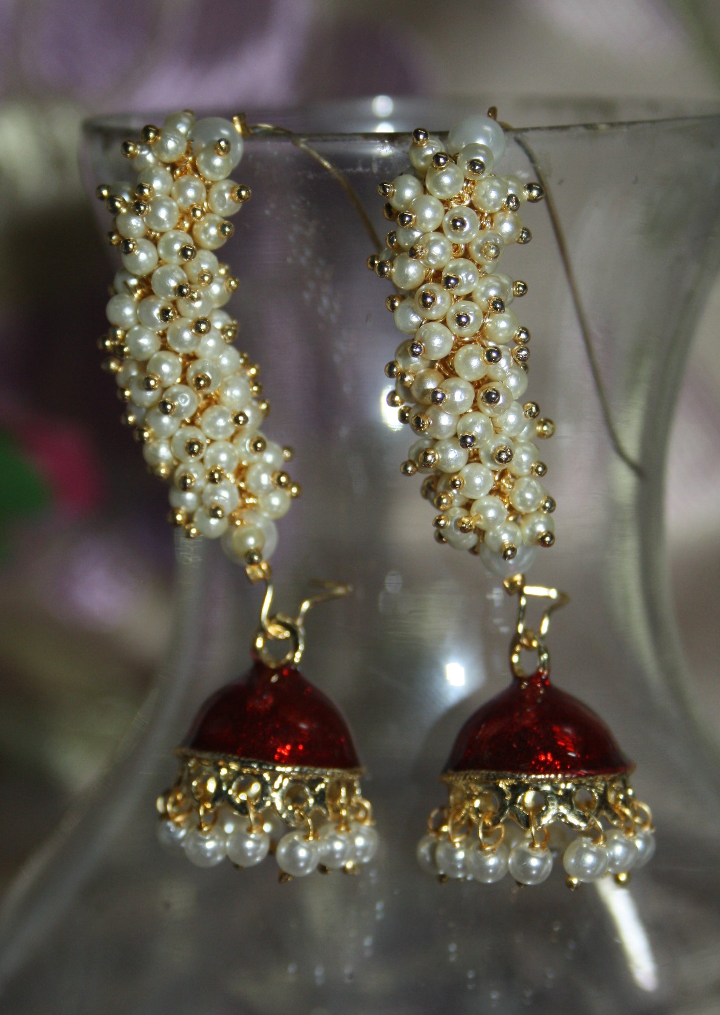 Curved Meenakari Jhumki with Pearl - GlitterGleam