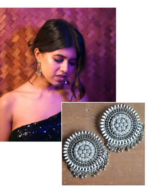 Silver Oxidised Pearl Beaded Large Chakra Stud