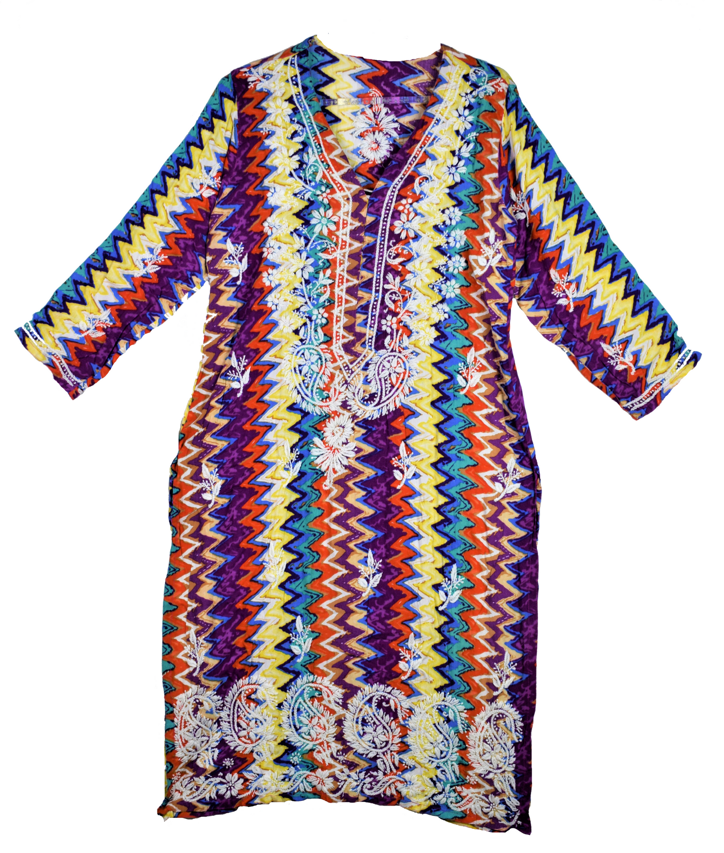 Multicolored Geometric Print Rayon Kurti with Chikan Embroidery
