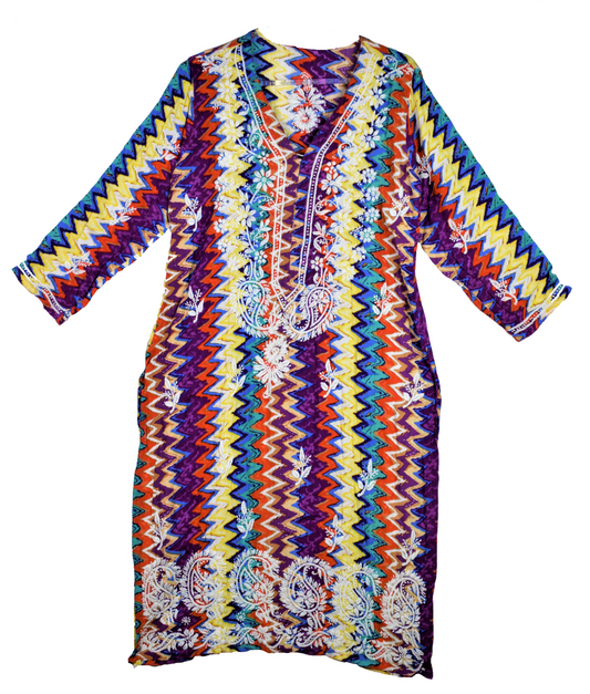 Multicolored Geometric Print Rayon Kurti with Chikan Embroidery