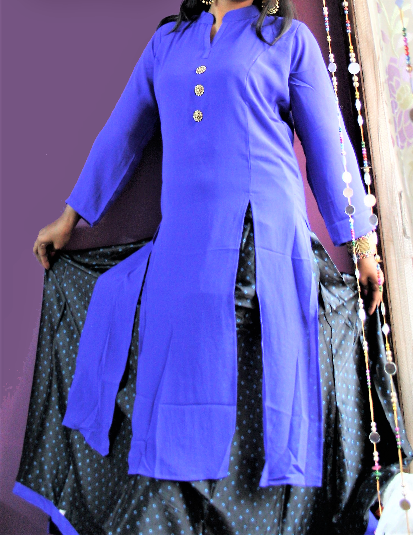 Ready-to-wear Double-Slit Button down Kurti with Long Printed Lehenga Skirt
