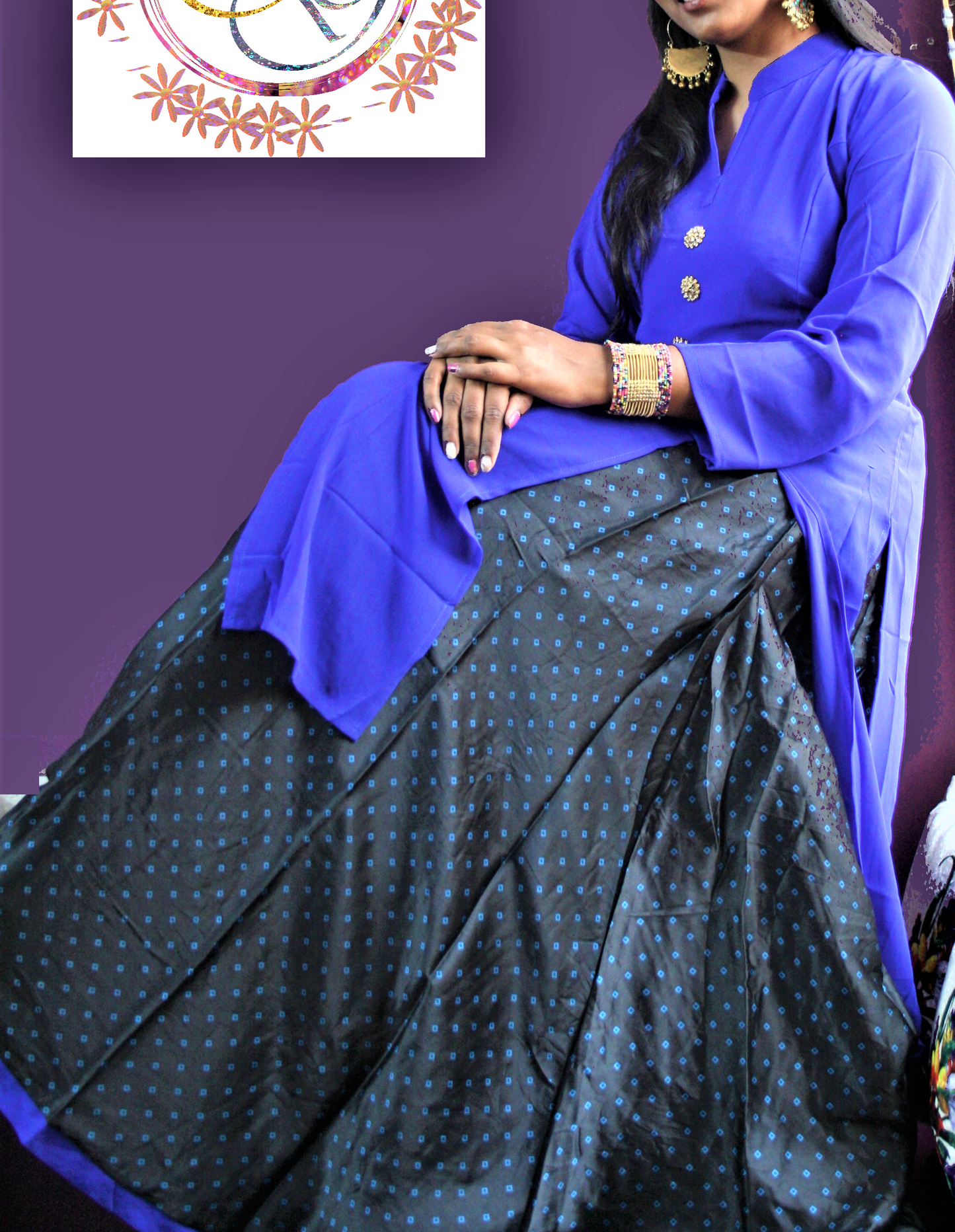 Ready-to-wear Double-Slit Button down Kurti with Long Printed Lehenga Skirt