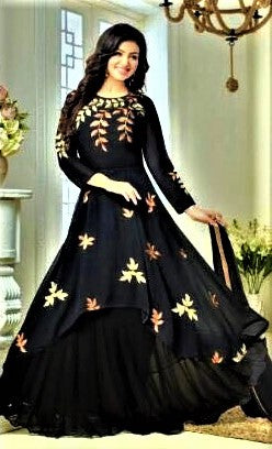 Designer Semi Stitched Black Layered Lehenga Skirt cum Salwar Suit with Resham Embroidery - GlitterGleam