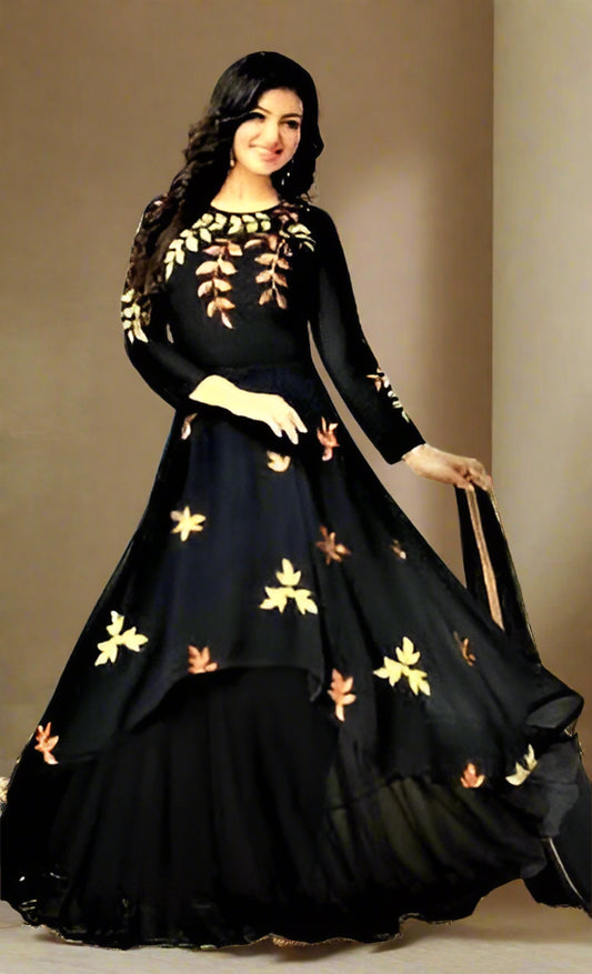 Designer Semi Stitched Black Layered Lehenga Skirt cum Salwar Suit with Resham Embroidery - GlitterGleam