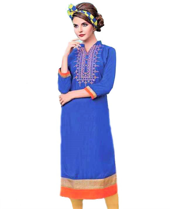 Royal Blue Rayon Cotton Kurti with Gota and Embroidery