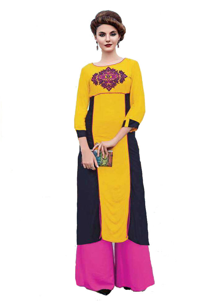 Mustard and Blue Rayon Cotton Slit Kurti