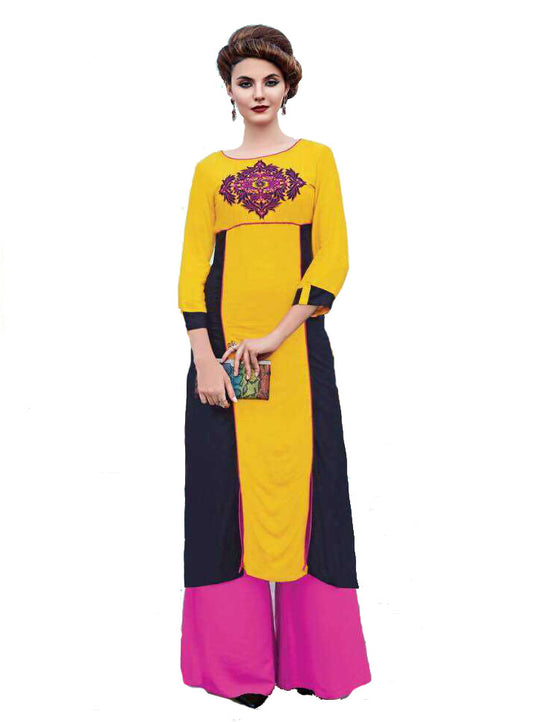 Mustard and Blue Rayon Cotton Slit Kurti