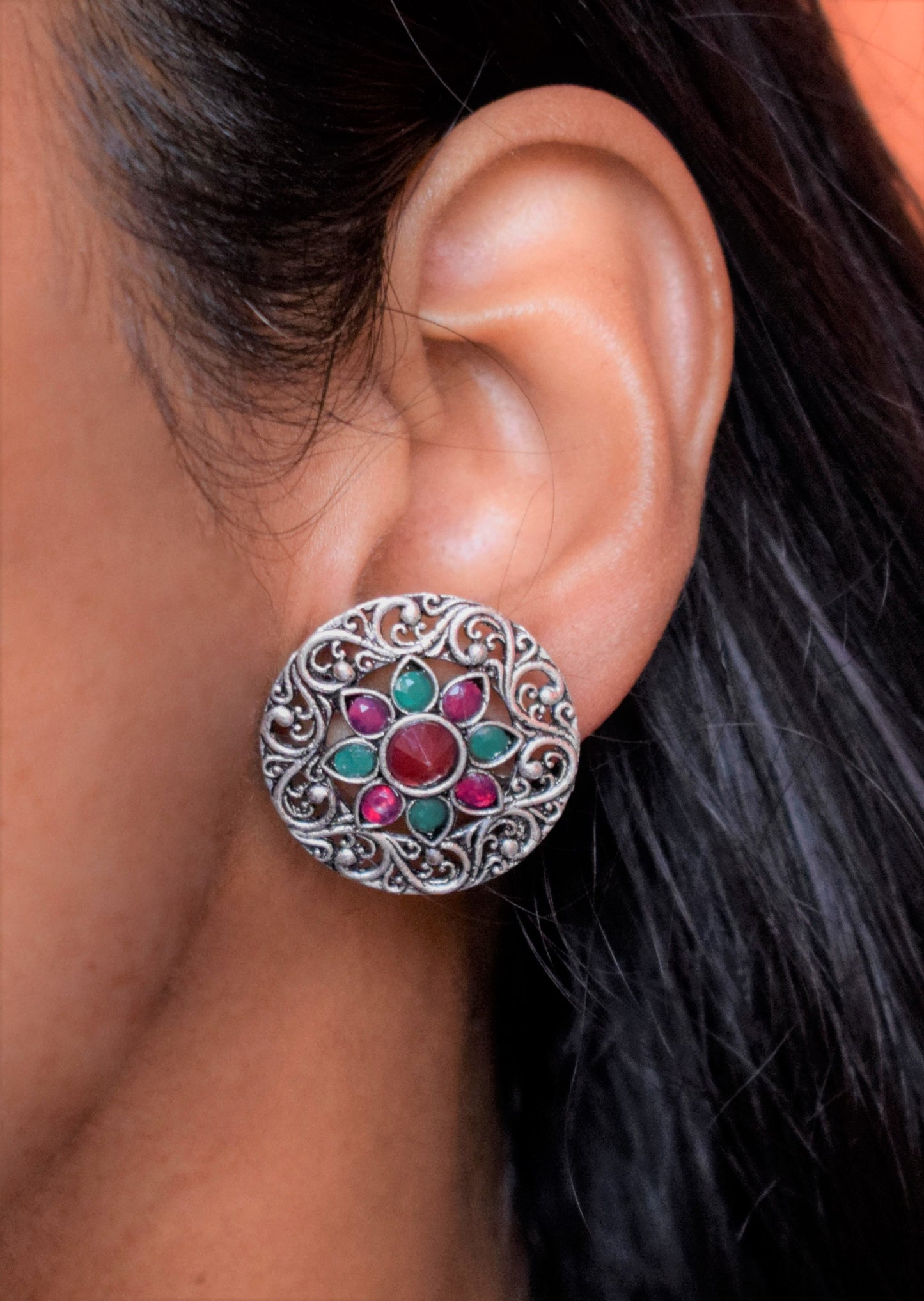 Carved Gemstone Stud Earring