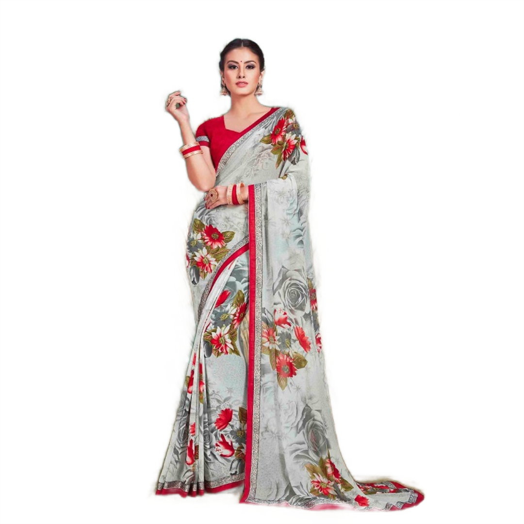 Grey Floral Print Georgette Saree