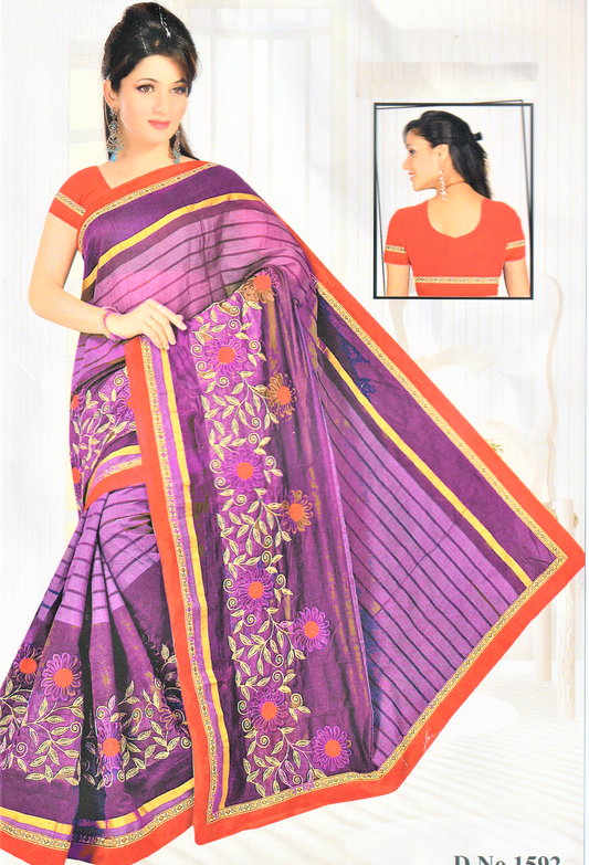 Designer Chanderi Cotton Embroidery Saree with Red Border - GlitterGleam