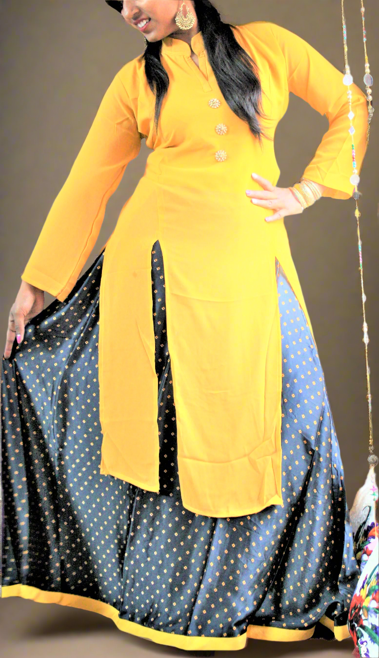 Ready-to-wear Double-Slit Button down Kurti with Long Printed Lehenga Skirt