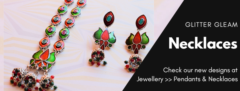 Necklace and Earring Set in German Silver and Oxidised Jewellery Patterns, with Handmade Terracotta and Meenakari Designs