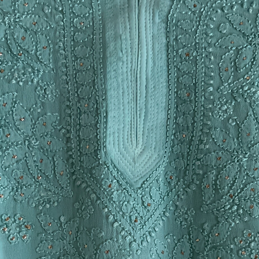Mukaish Work Pastel Green Georgette Short Chikan Kurti