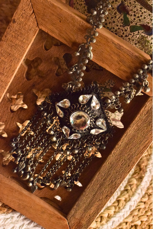Sahar Long German Silver Afghani Pendant Ghungroo Necklace