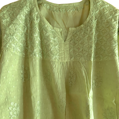 Short Parrot Green Chikan Kurti with Pleated Neck Embroidery