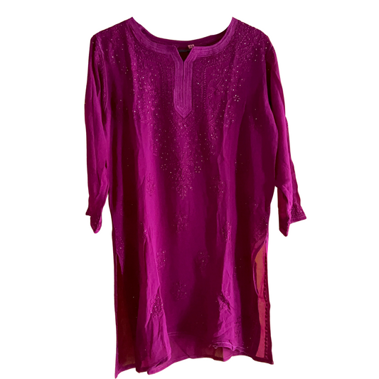 Mukaish Work Wine Georgette Short Chikan Kurti
