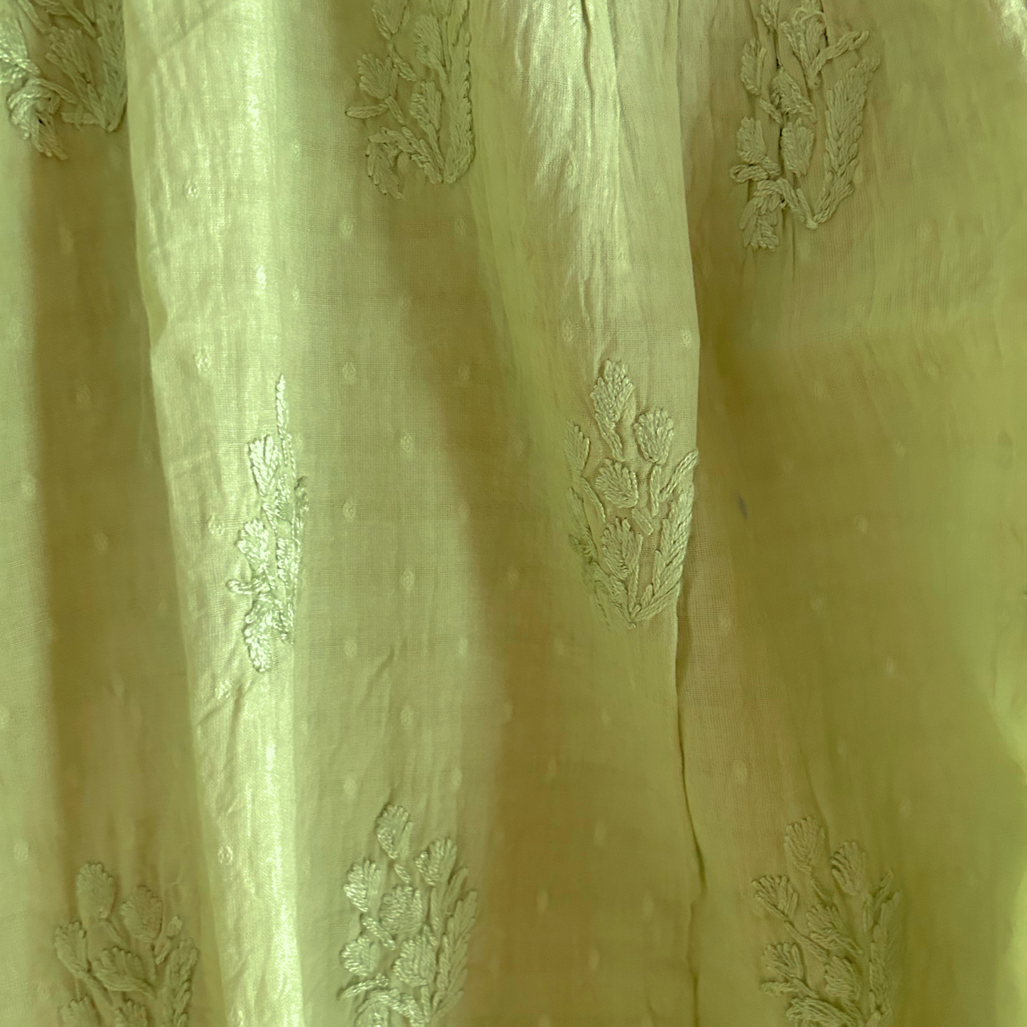 Short Parrot Green Chikan Kurti with Pleated Neck Embroidery