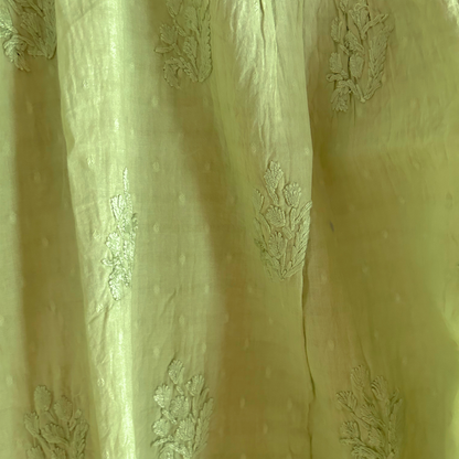 Short Parrot Green Chikan Kurti with Pleated Neck Embroidery