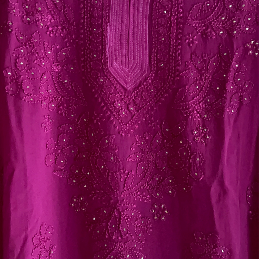 Mukaish Work Wine Georgette Short Chikan Kurti