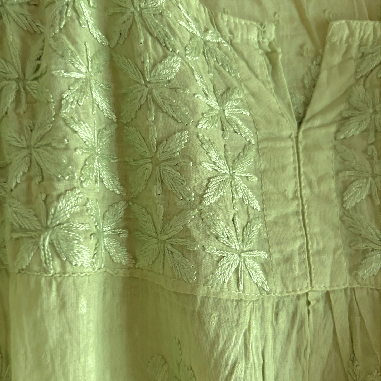 Short Parrot Green Chikan Kurti with Pleated Neck Embroidery