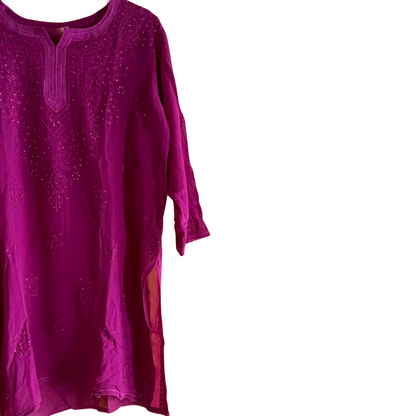 Mukaish Work Wine Georgette Short Chikan Kurti