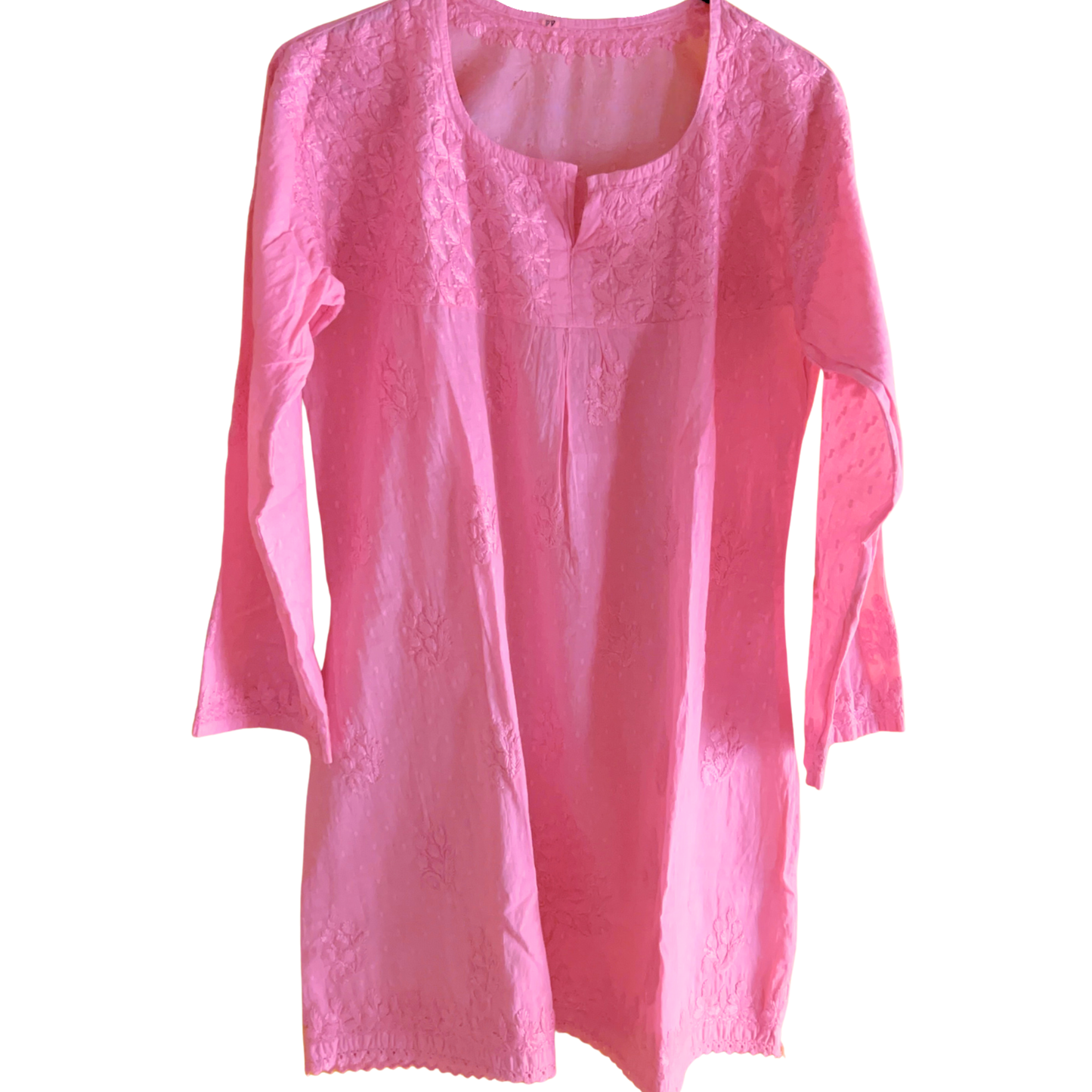 Pink Short Chikan Kurti with Pleated Neck Embroidery