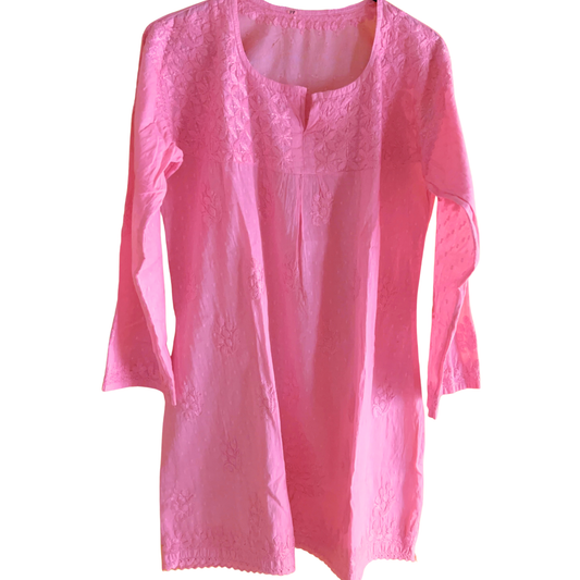 Pink Short Chikan Kurti with Pleated Neck Embroidery