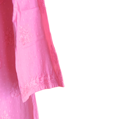 Pink Short Chikan Kurti with Pleated Neck Embroidery