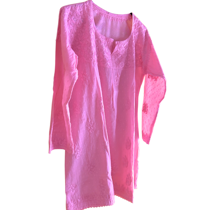 Pink Short Chikan Kurti with Pleated Neck Embroidery