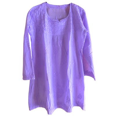 Lavender Short Chikan Kurti with Pleated Neck Embroidery