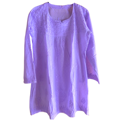Lavender Short Chikan Kurti with Pleated Neck Embroidery